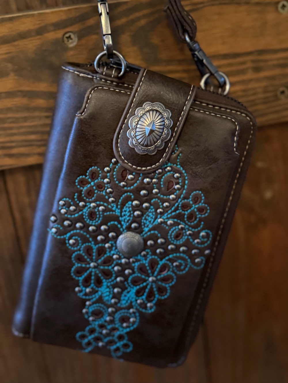 Brown Crossbody Phone Wallet with Turquoise Floral Accents